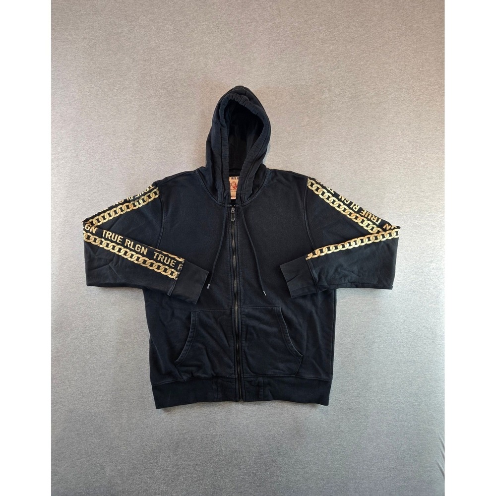 True Religion Zip Hoodie Mens XL Black Gold Chain Graphic Sleeve Logo Sweatshirt